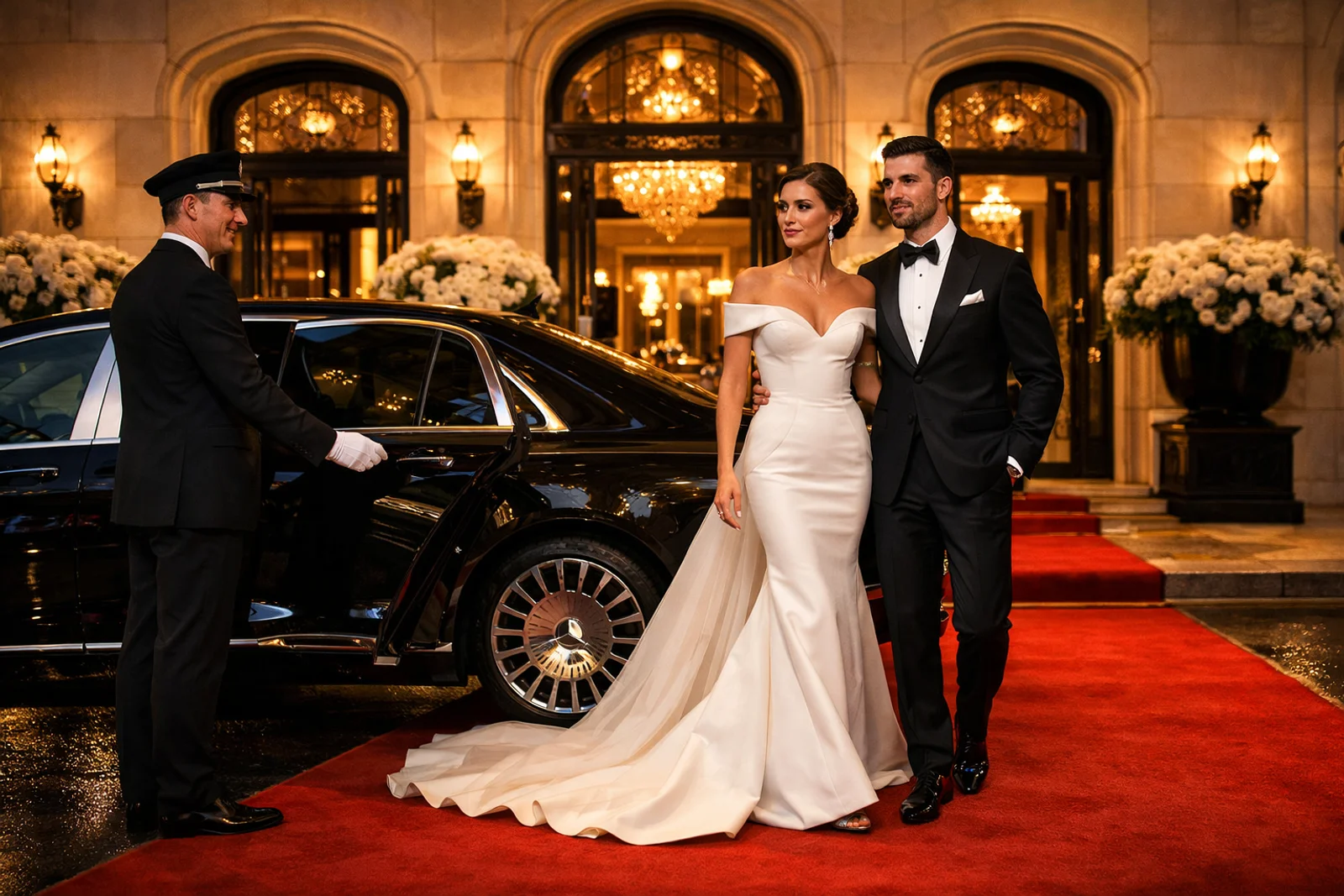 Luxury wedding chauffeur service in Paris with bride and groom arriving at a palace hotel in a premium black Mercedes with professional chauffeur
