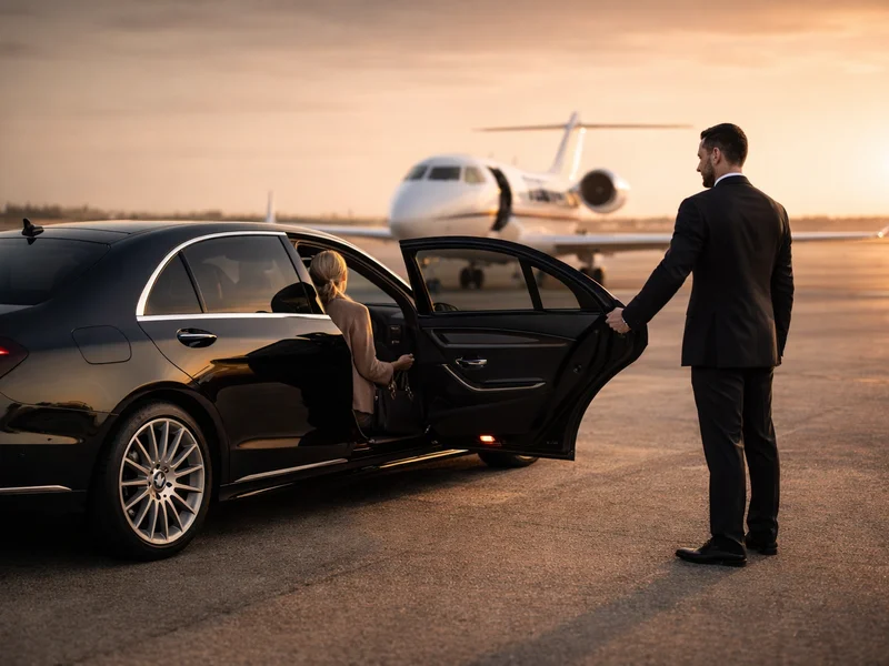 Luxury airport transfer in Paris with private chauffeur welcoming VIP client beside private jet