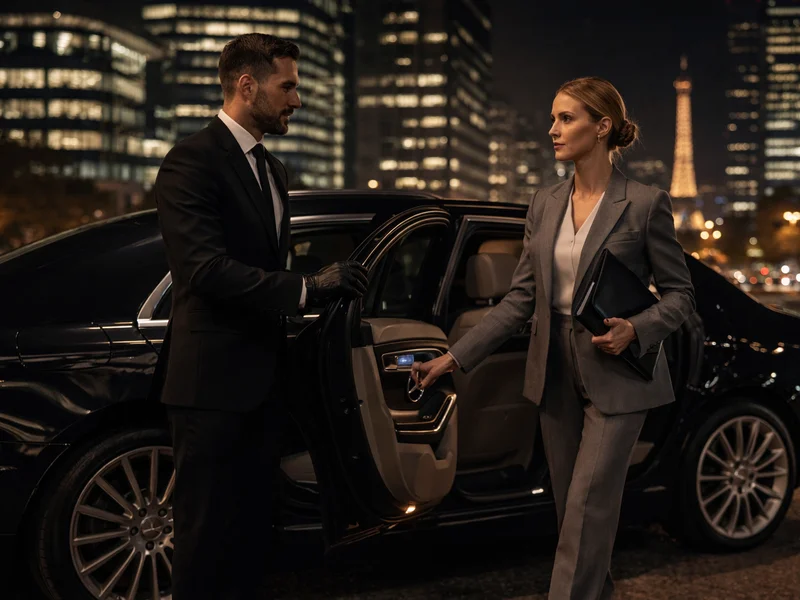 Executive chauffer Paris with luxury car and buisness client at night near Eiffel Tower