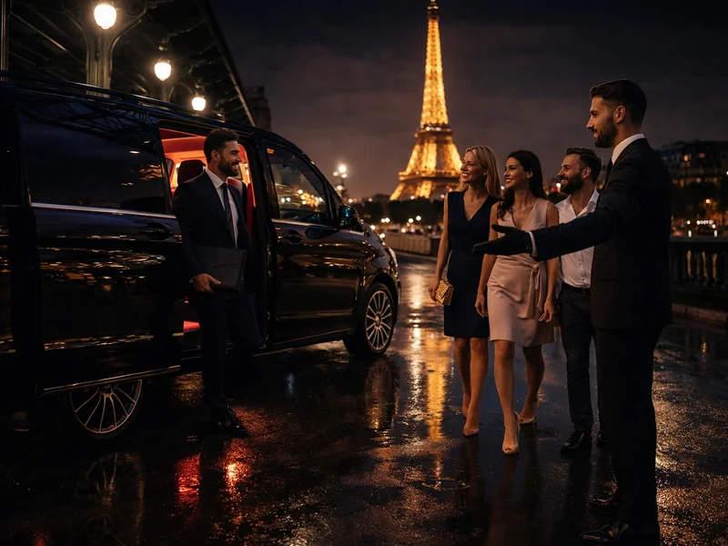 Luxury group chauffeur service in Paris at night with VIP clients arriving near Eiffel Tower