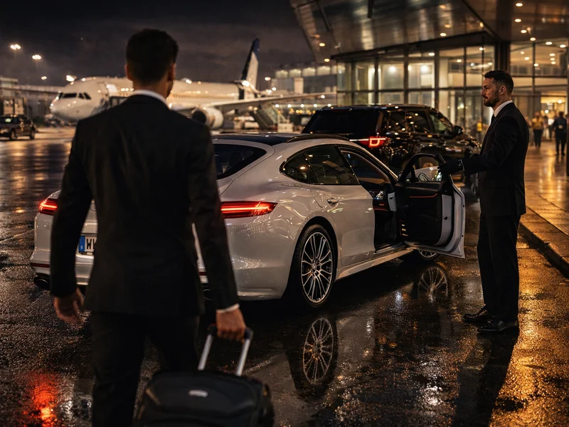 Luxury car rental Paris airport with private chauffeur welcoming VIP client at night