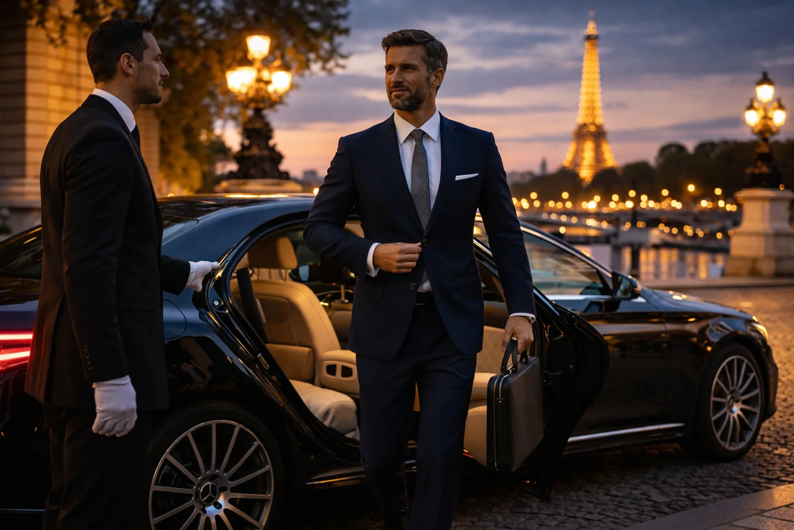Executive chauffeur service in Paris with corporate client exiting luxury black Mercedes near Eiffel Tower with professional chauffeur at sunset